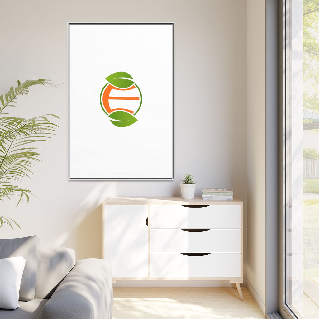Framed Matte Canvas Print — Minimal Green Orange Leaf Logo Wall Art