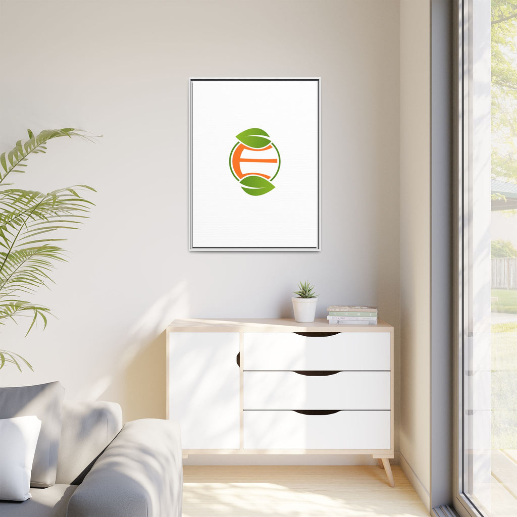 Framed Matte Canvas Print — Minimal Green Orange Leaf Logo Wall Art