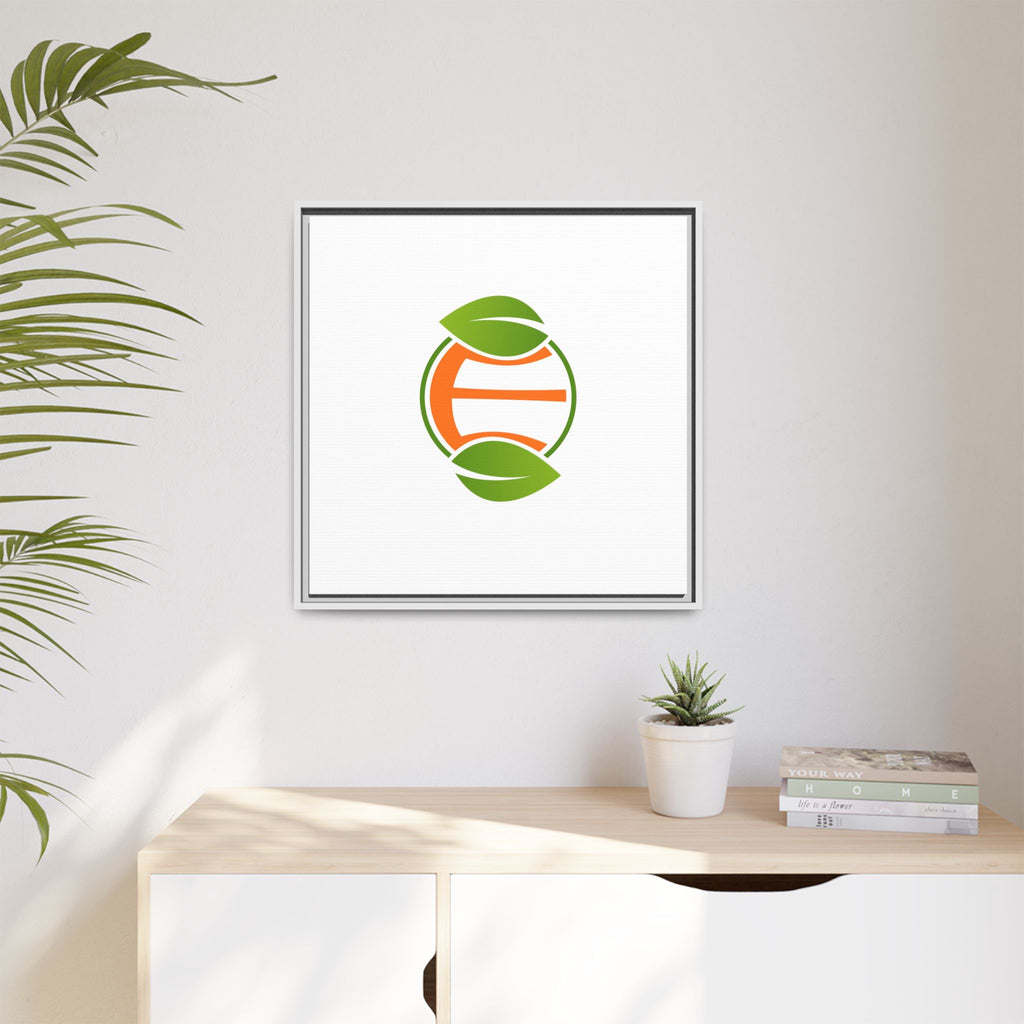 Framed Matte Canvas Print — Minimal Green Orange Leaf Logo Wall Art