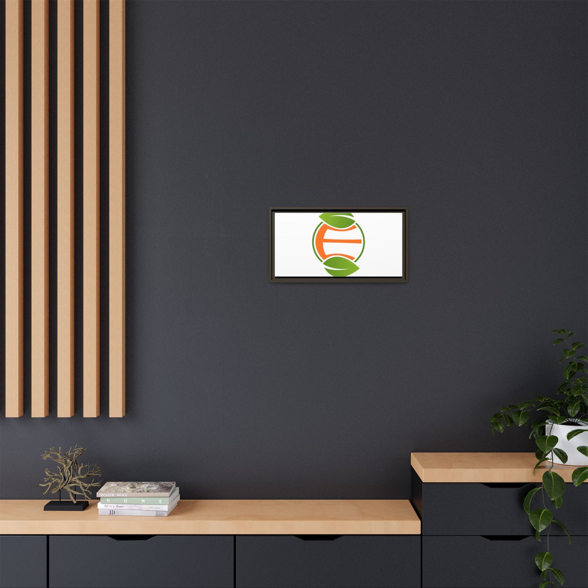 Framed Matte Canvas Print — Minimal Green Orange Leaf Logo Wall Art