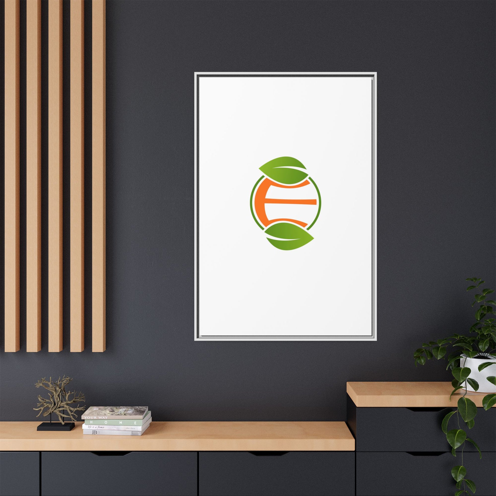 Framed Matte Canvas Print — Minimal Green Orange Leaf Logo Wall Art
