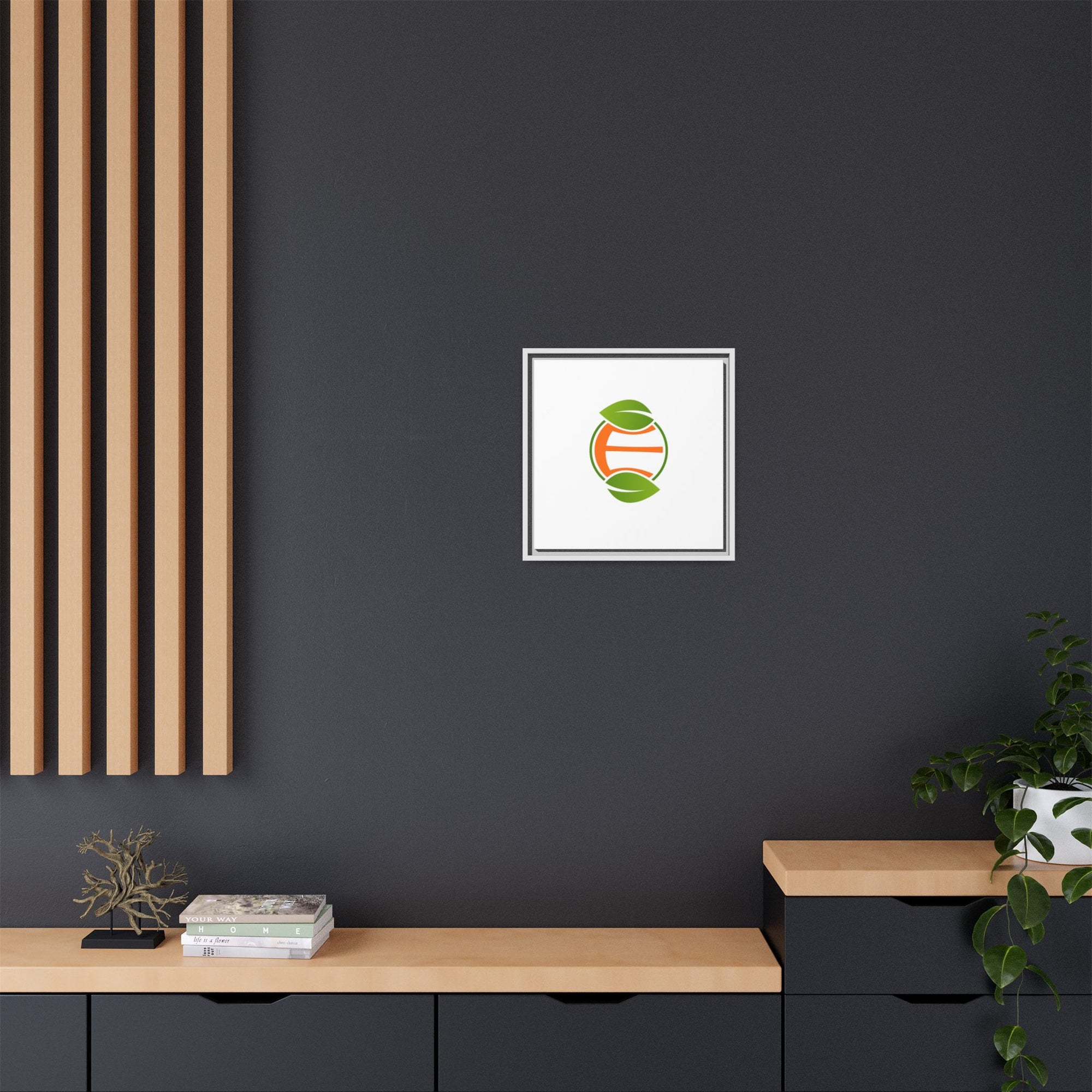 Framed Matte Canvas Print — Minimal Green Orange Leaf Logo Wall Art