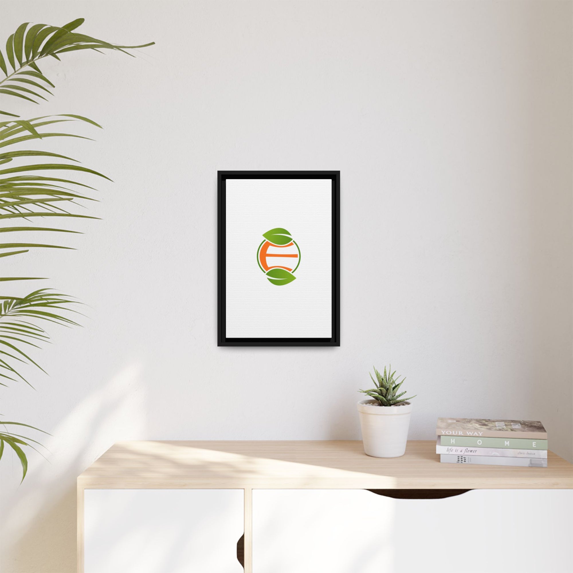 Framed Matte Canvas Print — Minimal Green Orange Leaf Logo Wall Art