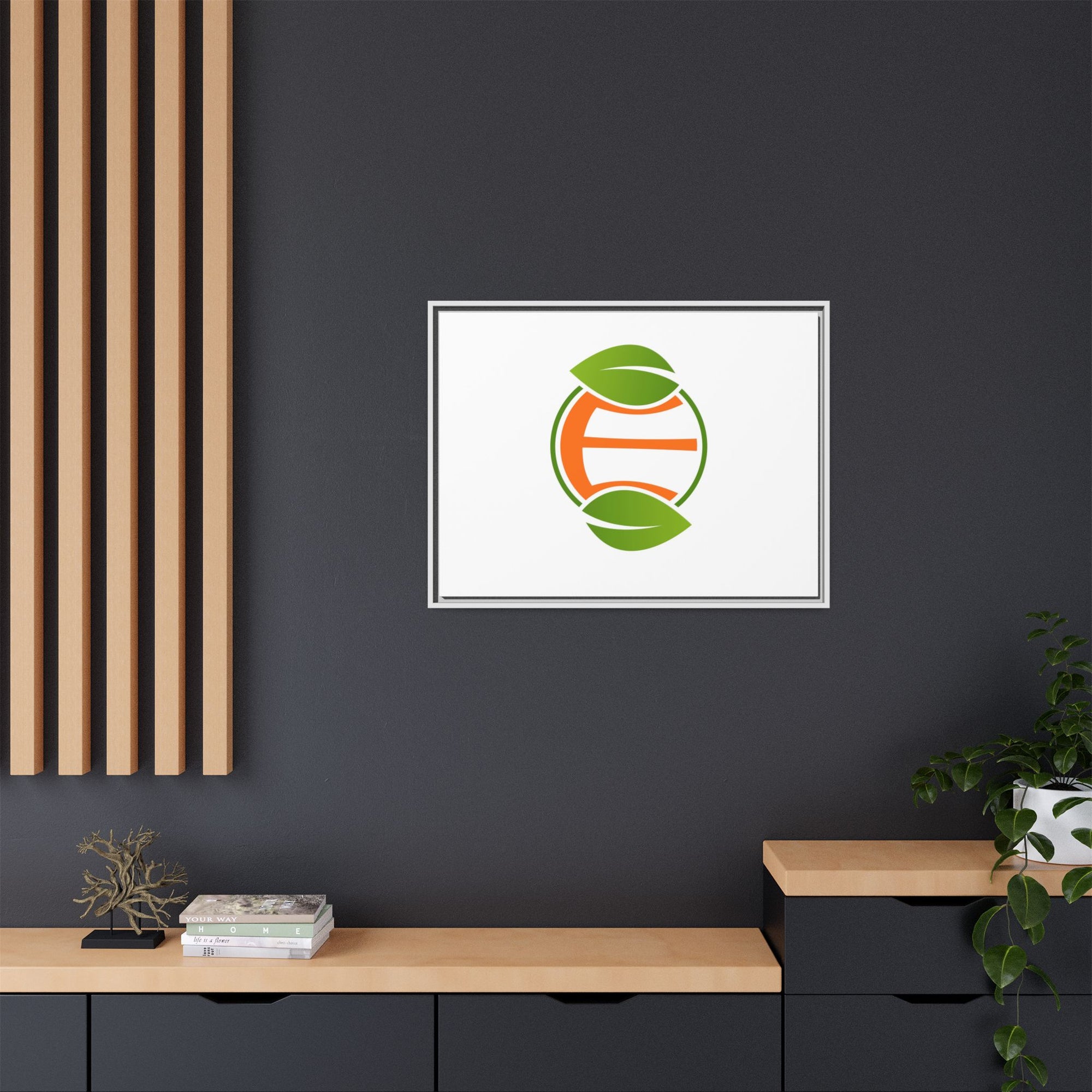 Framed Matte Canvas Print — Minimal Green Orange Leaf Logo Wall Art
