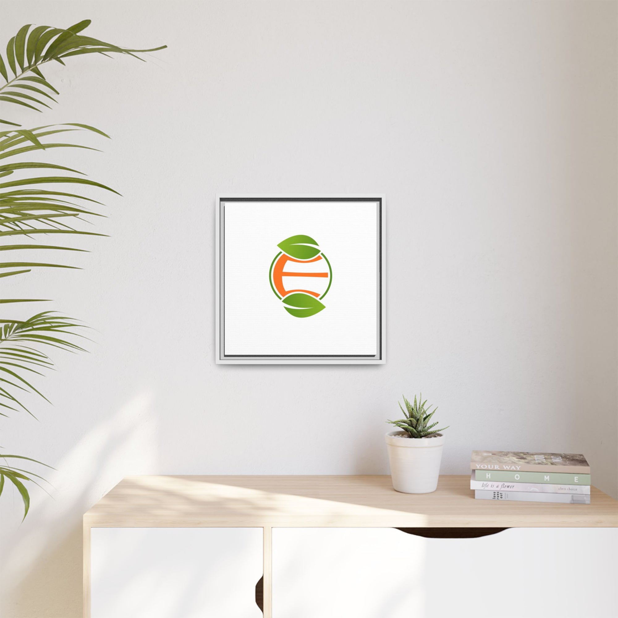 Framed Matte Canvas Print — Minimal Green Orange Leaf Logo Wall Art