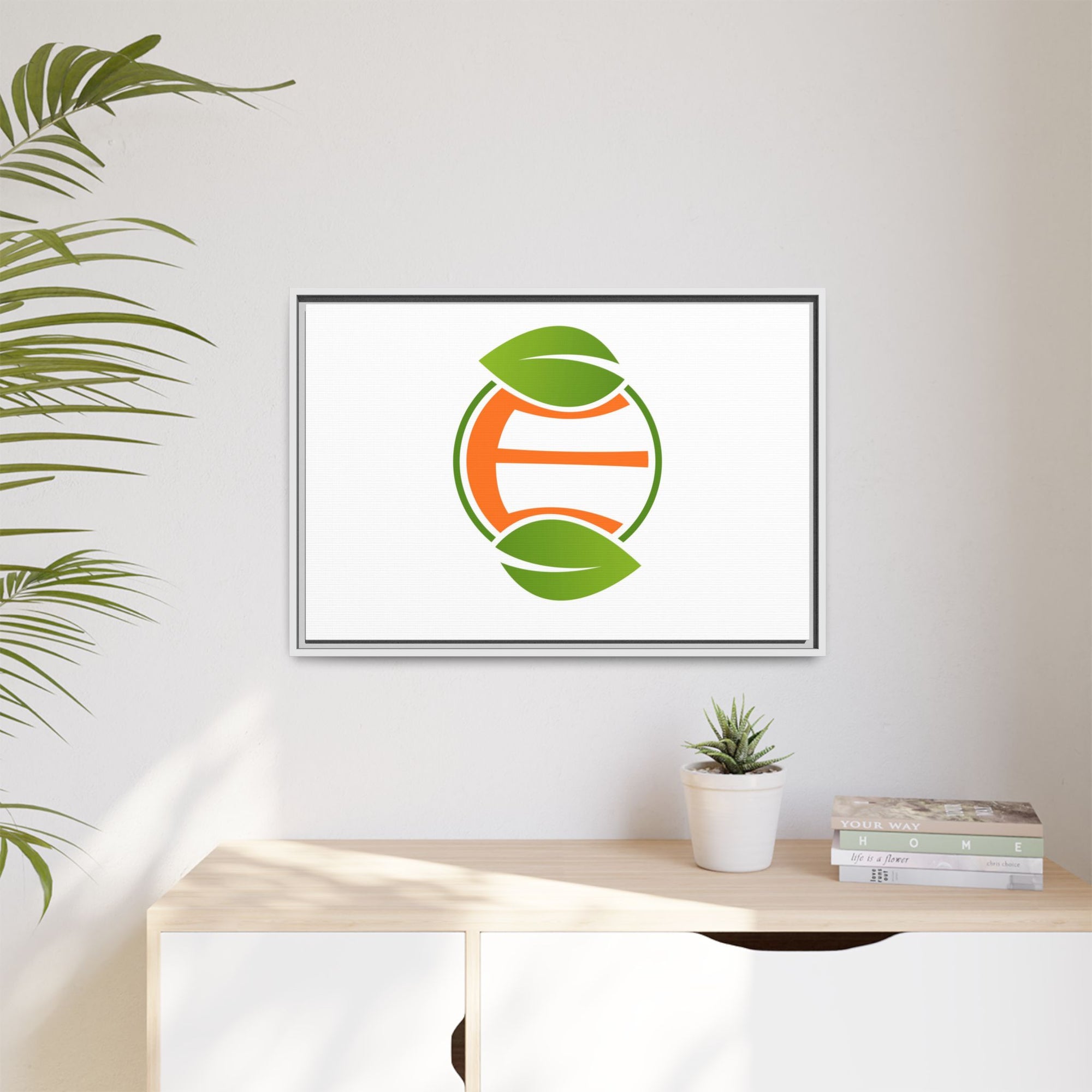 Framed Matte Canvas Print — Minimal Green Orange Leaf Logo Wall Art