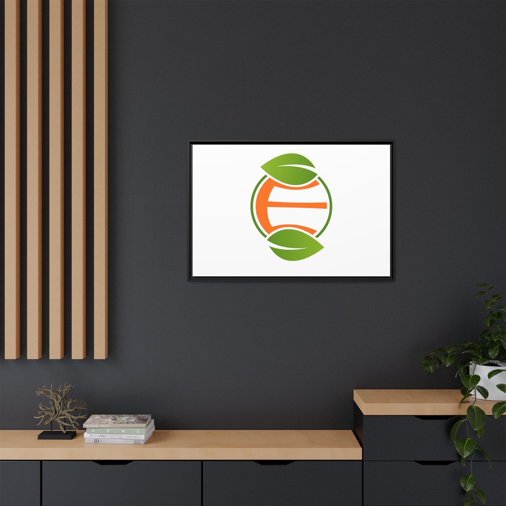 Framed Matte Canvas Print — Minimal Green Orange Leaf Logo Wall Art