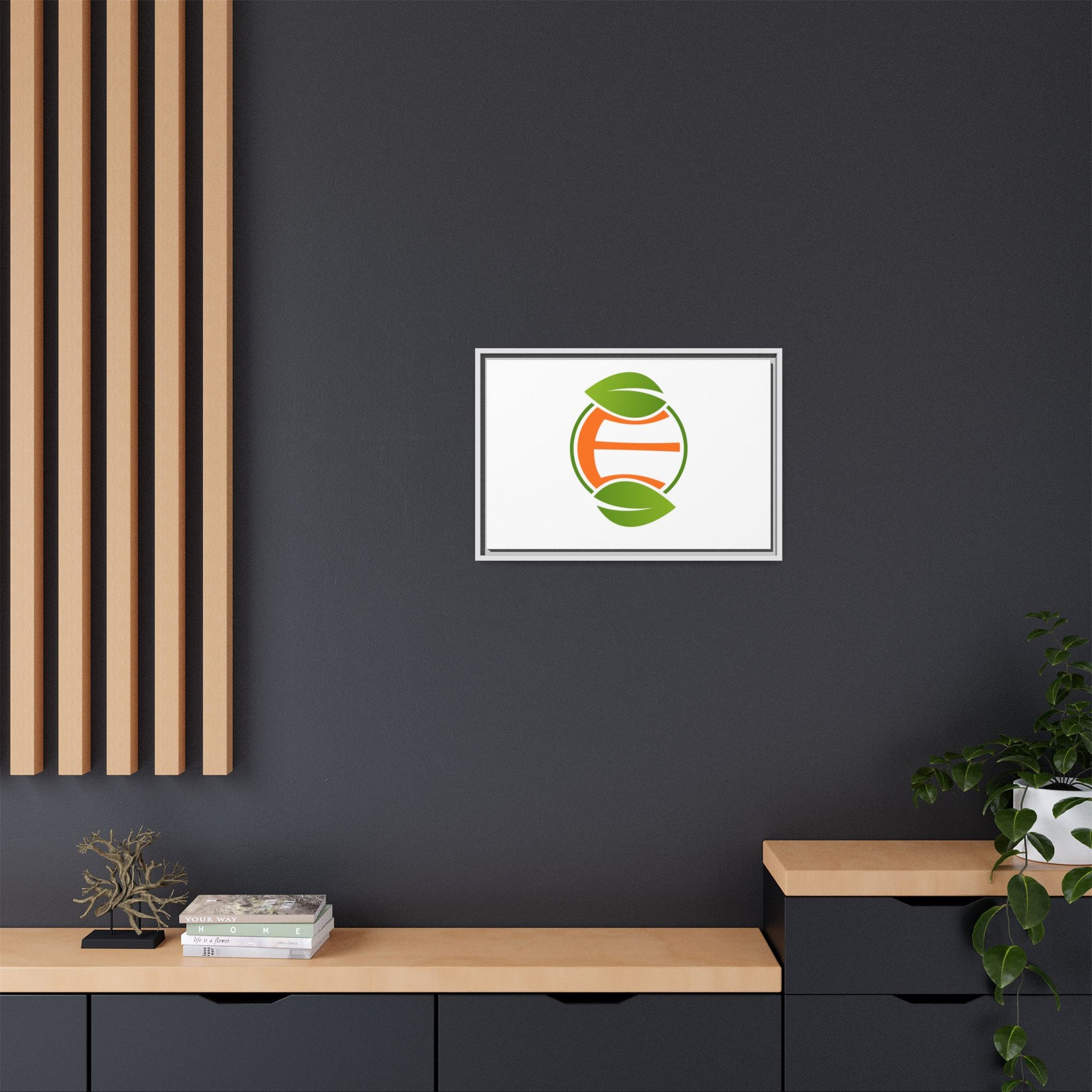 Framed Matte Canvas Print — Minimal Green Orange Leaf Logo Wall Art