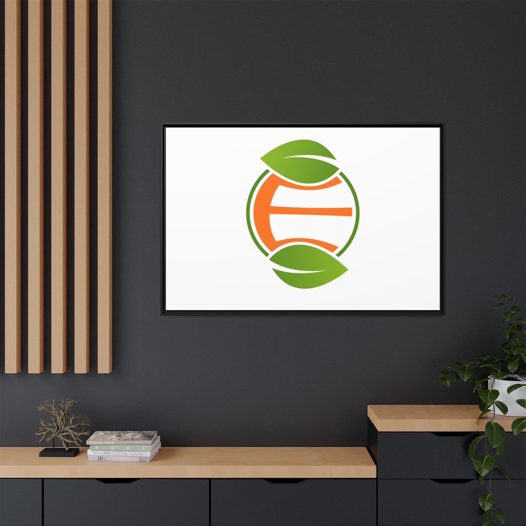 Framed Matte Canvas Print — Minimal Green Orange Leaf Logo Wall Art