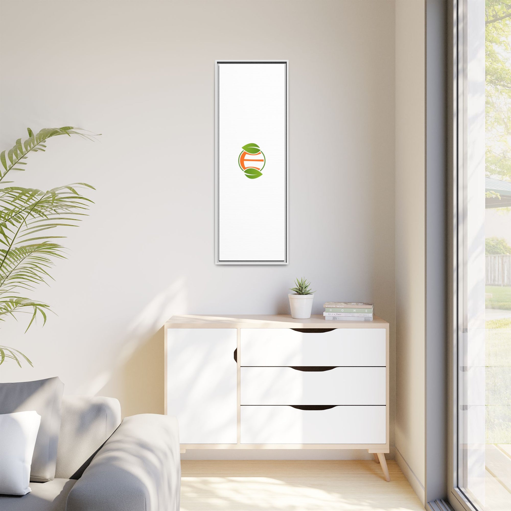 Framed Matte Canvas Print — Minimal Green Orange Leaf Logo Wall Art
