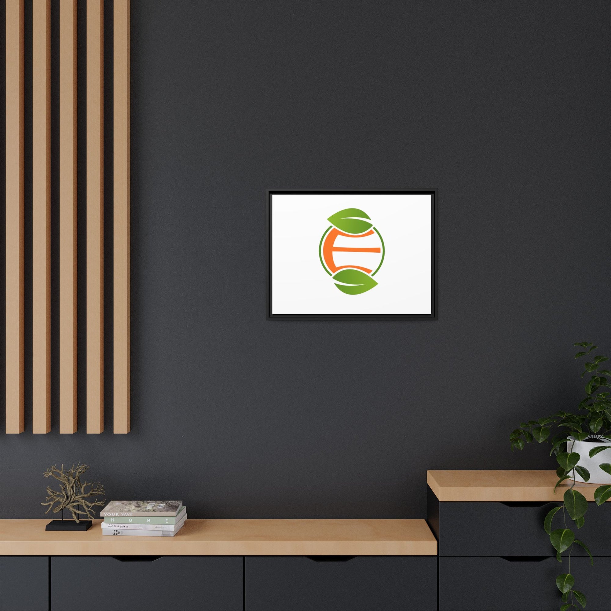Framed Matte Canvas Print — Minimal Green Orange Leaf Logo Wall Art