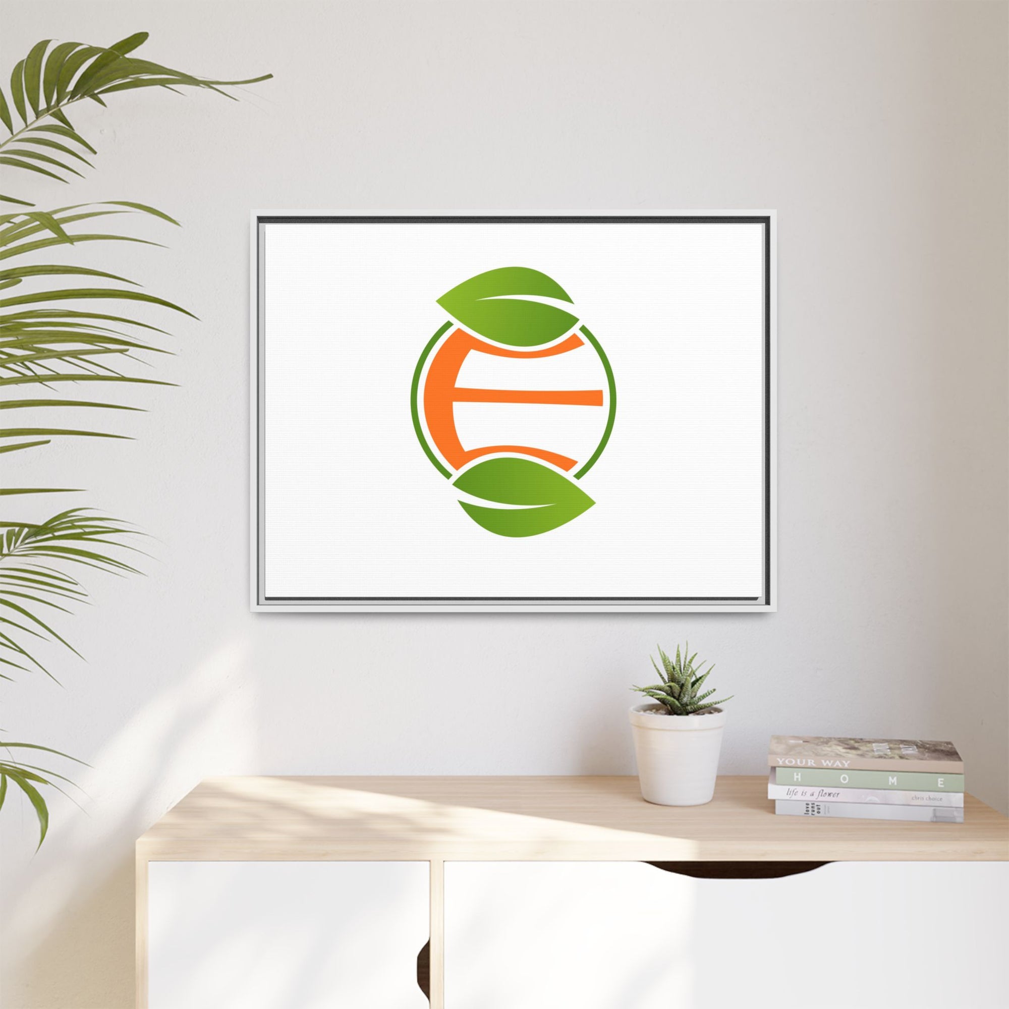 Framed Matte Canvas Print — Minimal Green Orange Leaf Logo Wall Art