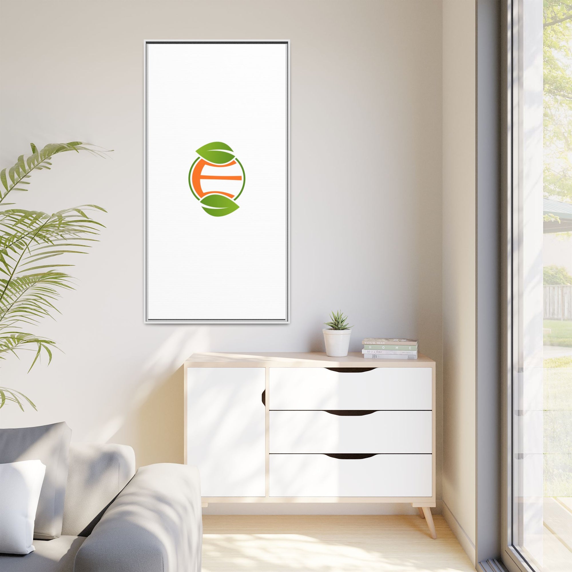 Framed Matte Canvas Print — Minimal Green Orange Leaf Logo Wall Art