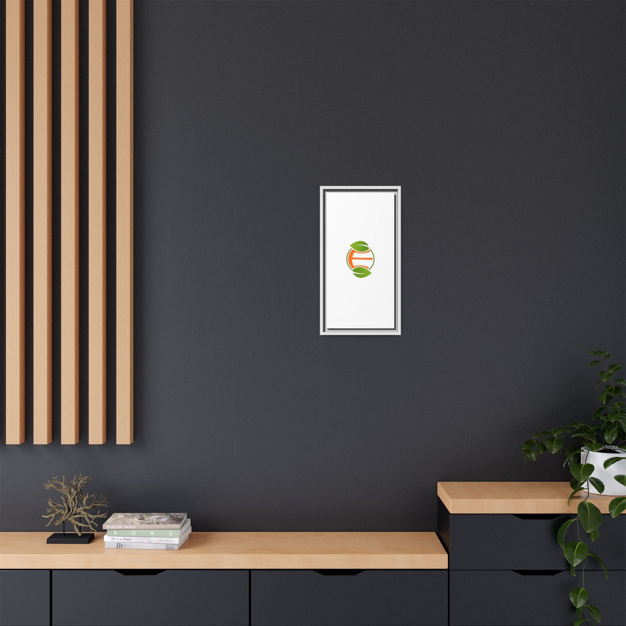 Framed Matte Canvas Print — Minimal Green Orange Leaf Logo Wall Art