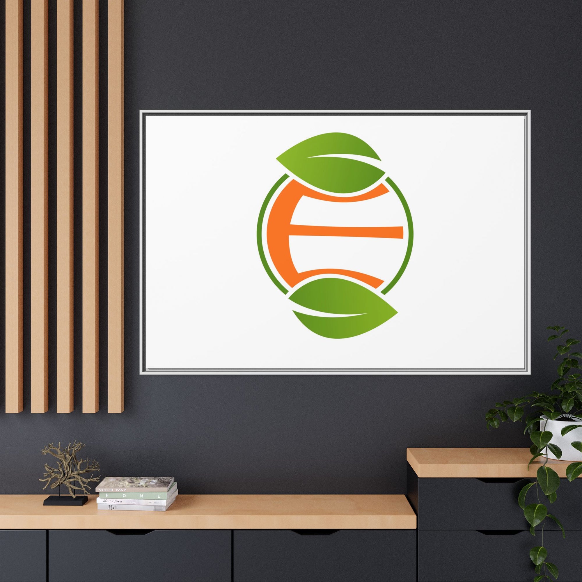 Framed Matte Canvas Print — Minimal Green Orange Leaf Logo Wall Art