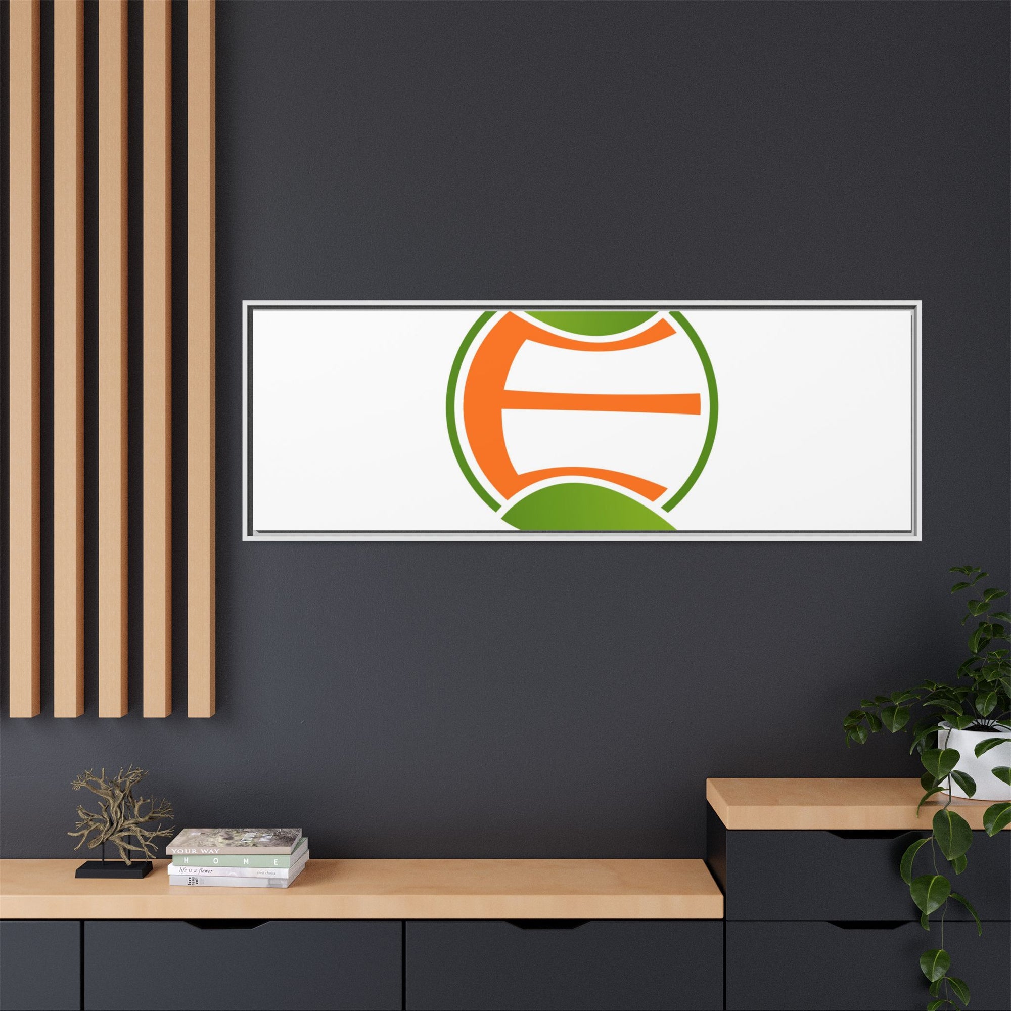 Framed Matte Canvas Print — Minimal Green Orange Leaf Logo Wall Art