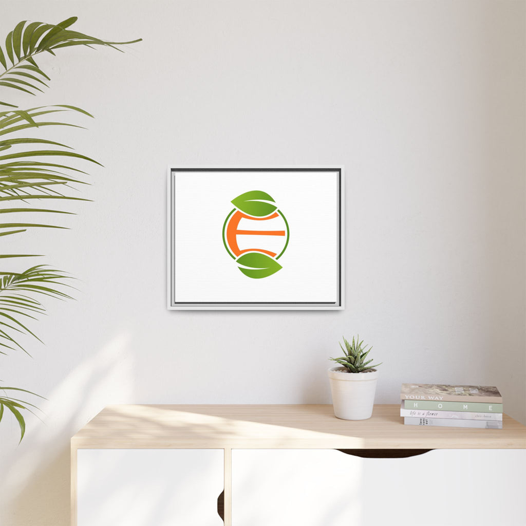 Framed Matte Canvas Print — Minimal Green Orange Leaf Logo Wall Art
