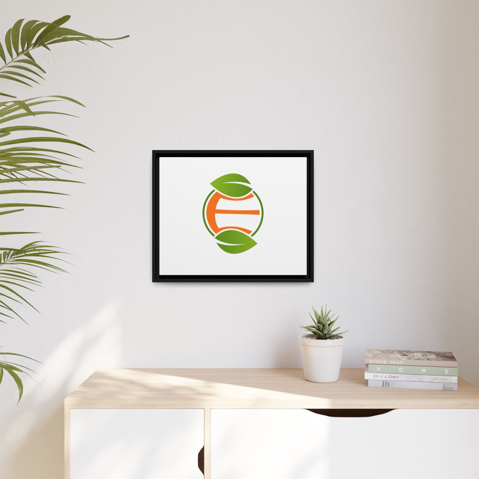 Framed Matte Canvas Print — Minimal Green Orange Leaf Logo Wall Art