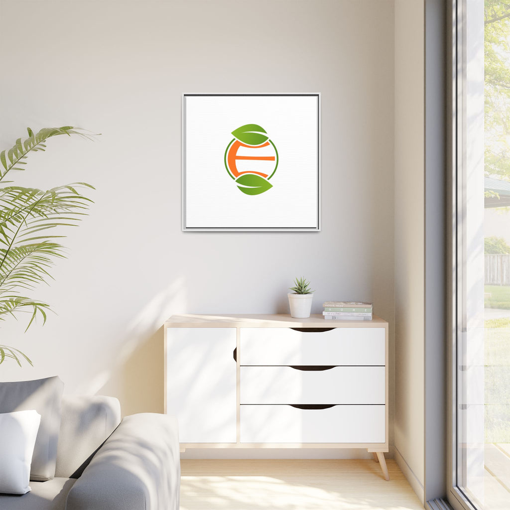 Framed Matte Canvas Print — Minimal Green Orange Leaf Logo Wall Art