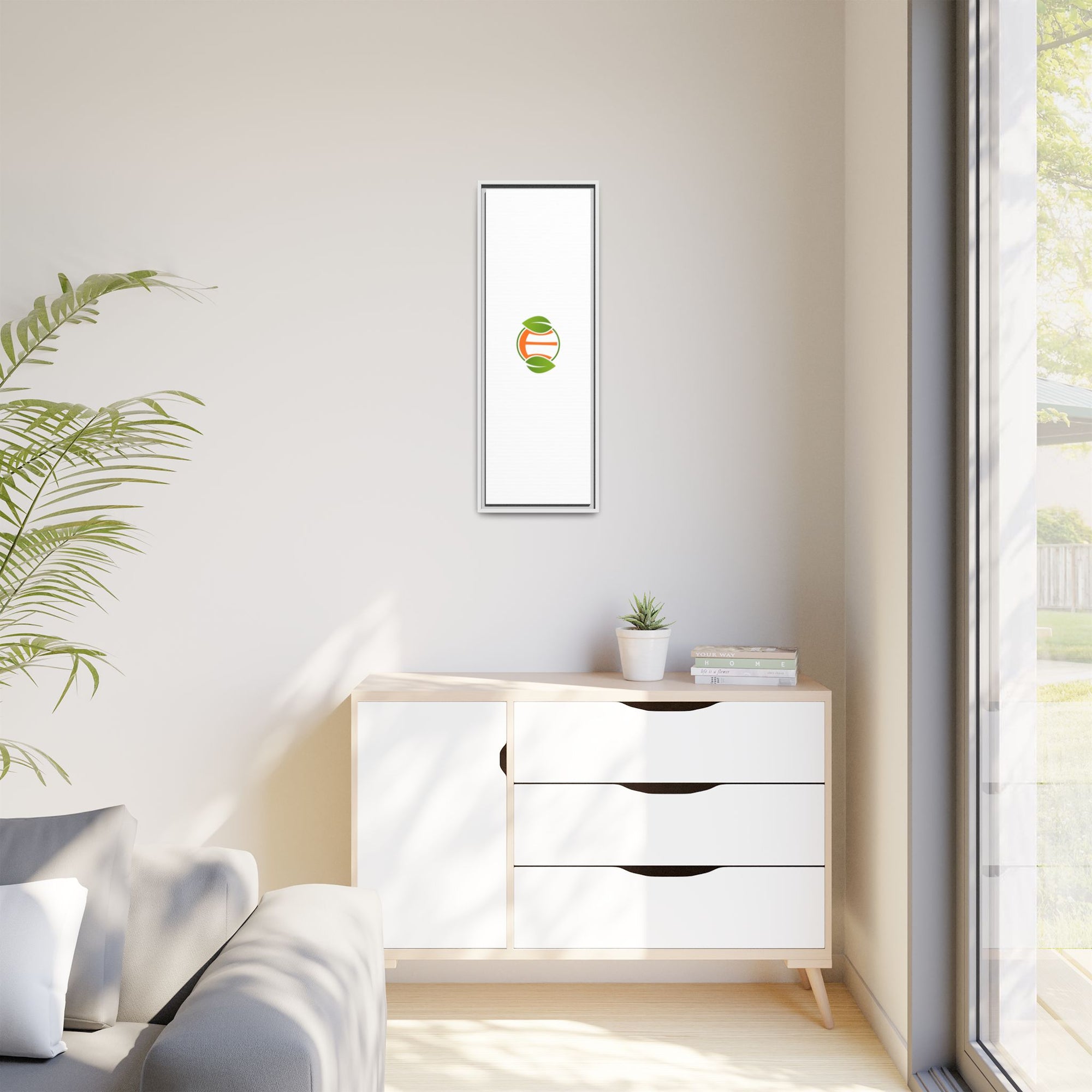 Framed Matte Canvas Print — Minimal Green Orange Leaf Logo Wall Art