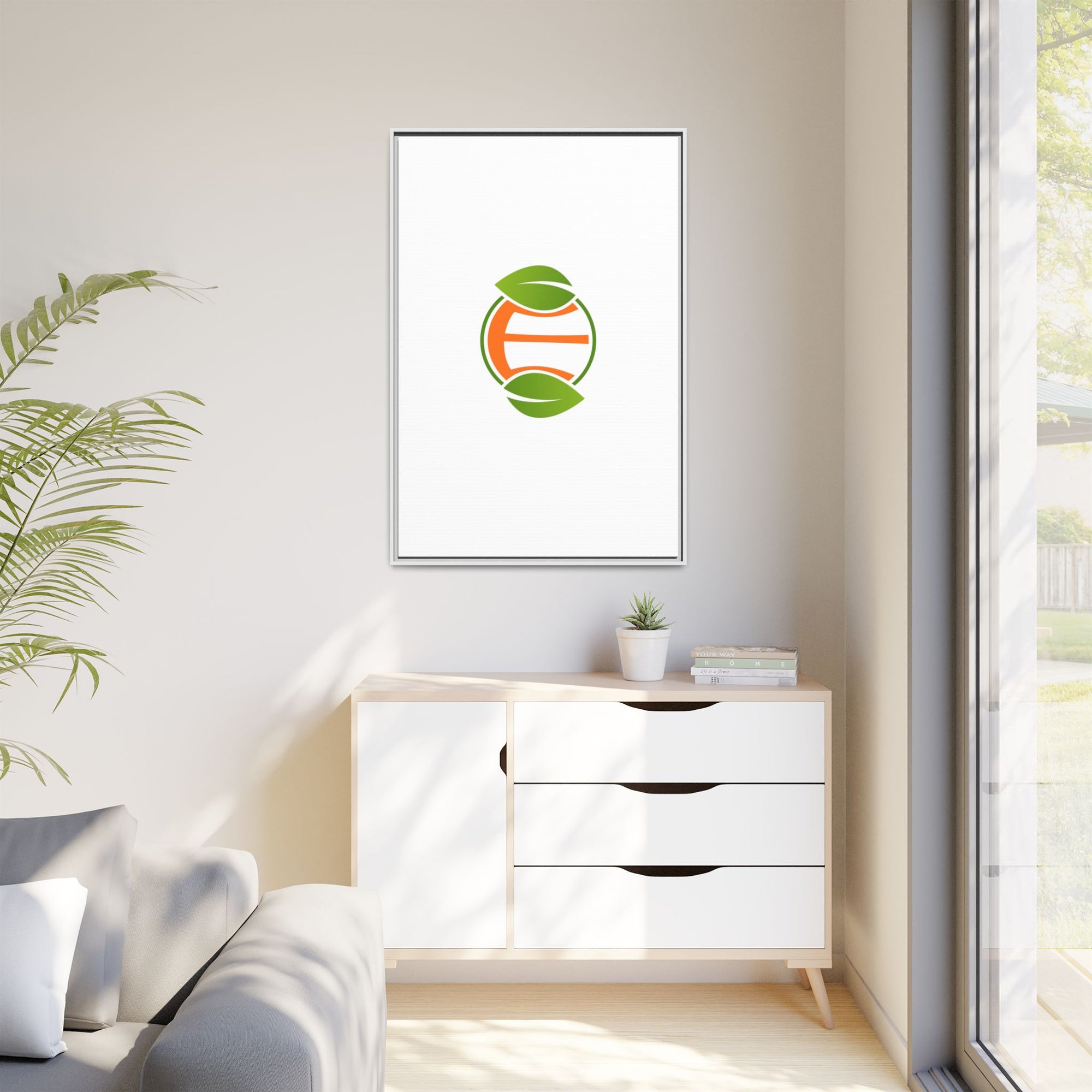Framed Matte Canvas Print — Minimal Green Orange Leaf Logo Wall Art
