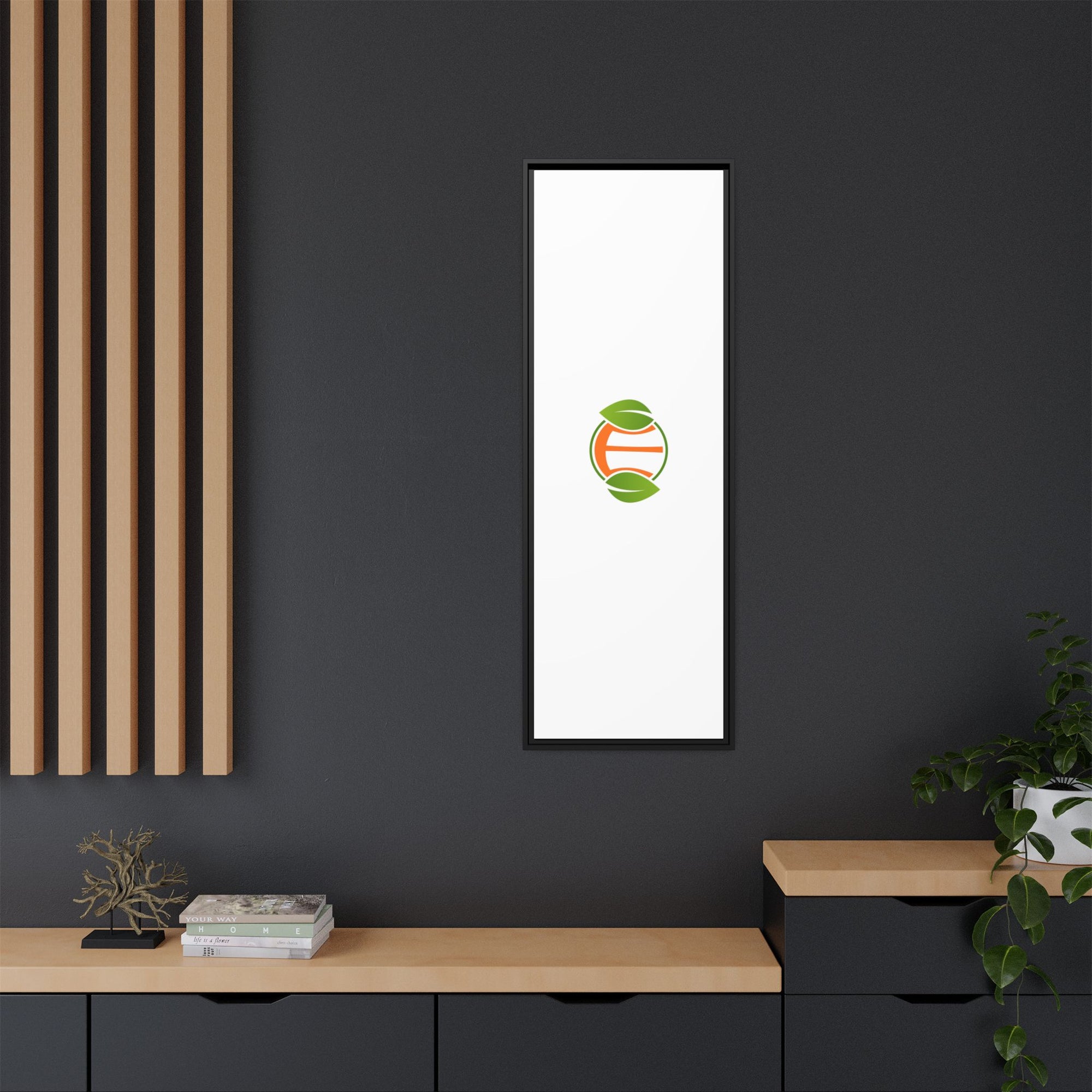 Framed Matte Canvas Print — Minimal Green Orange Leaf Logo Wall Art