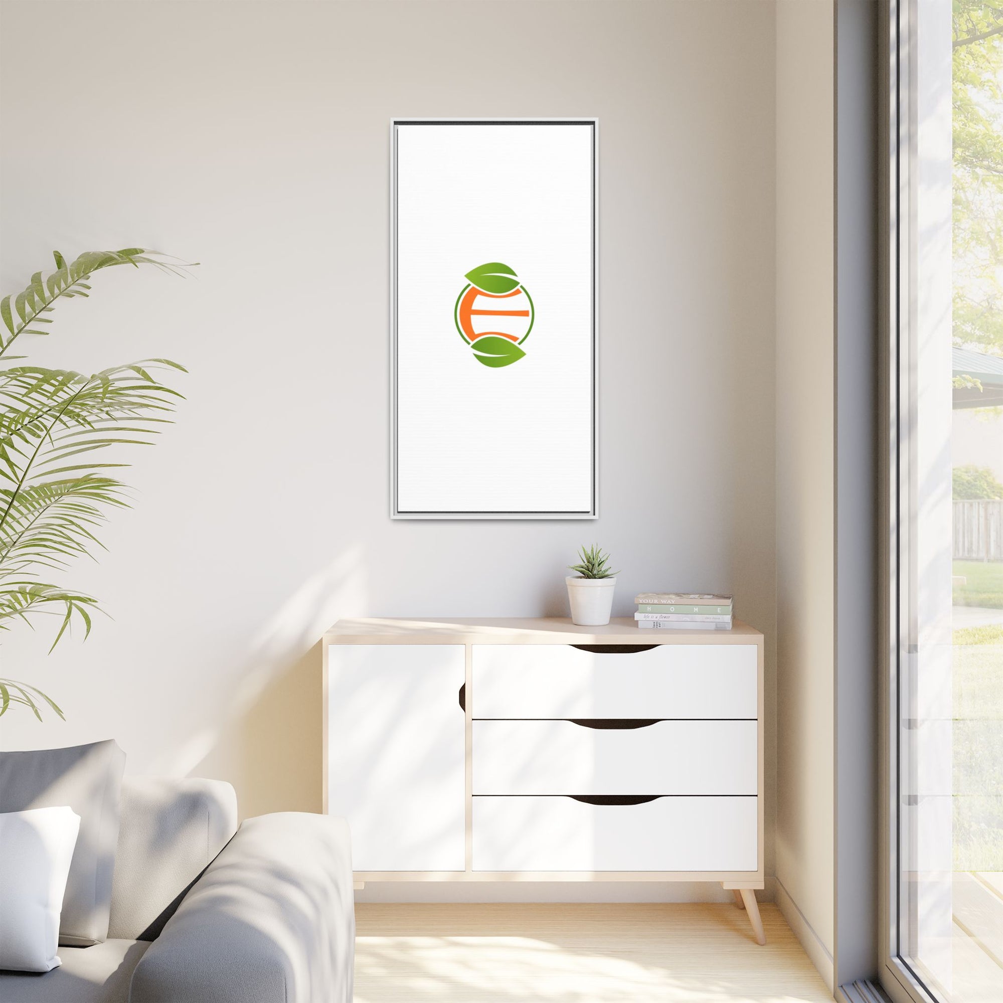 Framed Matte Canvas Print — Minimal Green Orange Leaf Logo Wall Art