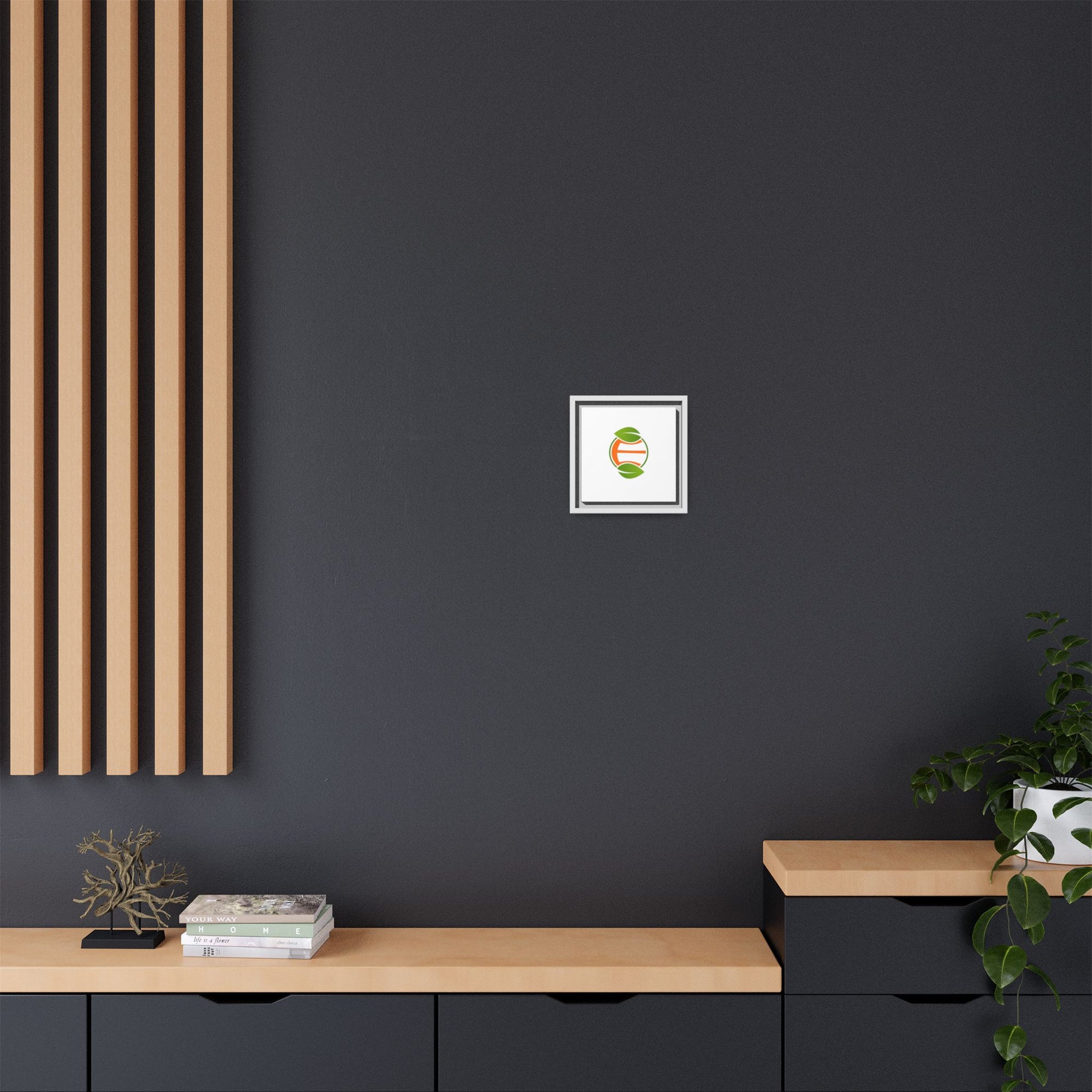 Framed Matte Canvas Print — Minimal Green Orange Leaf Logo Wall Art