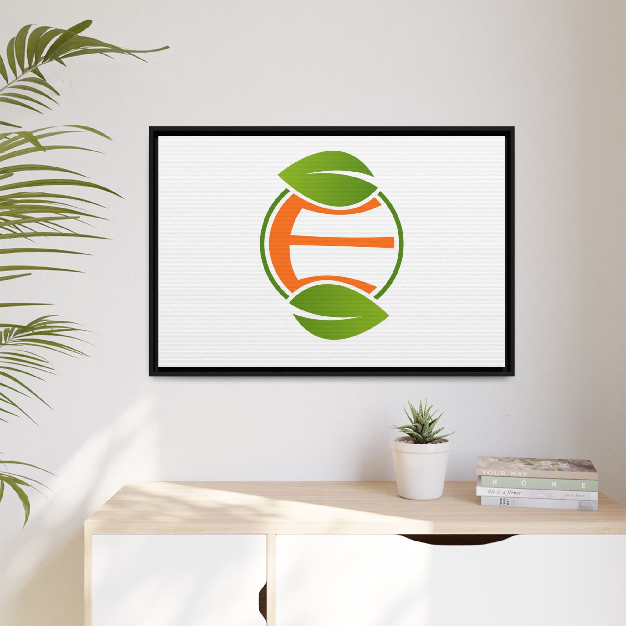 Framed Matte Canvas Print — Minimal Green Orange Leaf Logo Wall Art