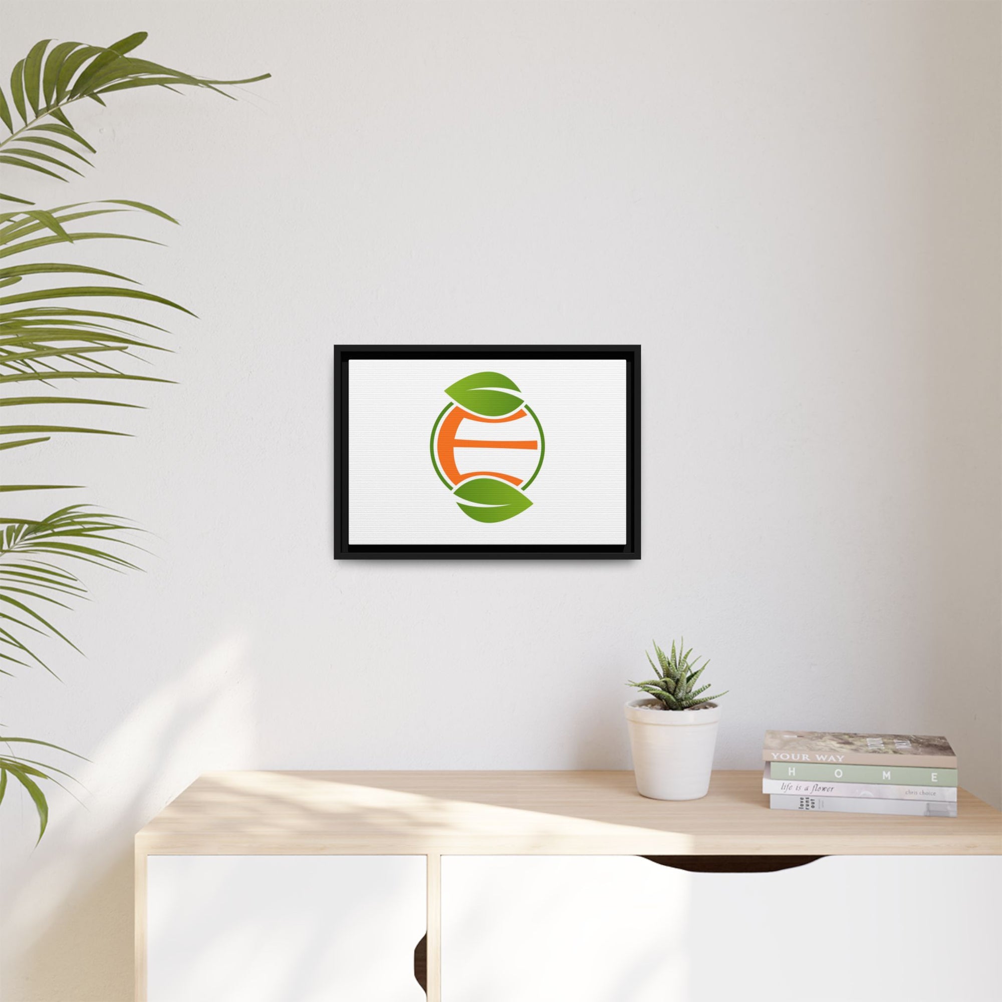Framed Matte Canvas Print — Minimal Green Orange Leaf Logo Wall Art
