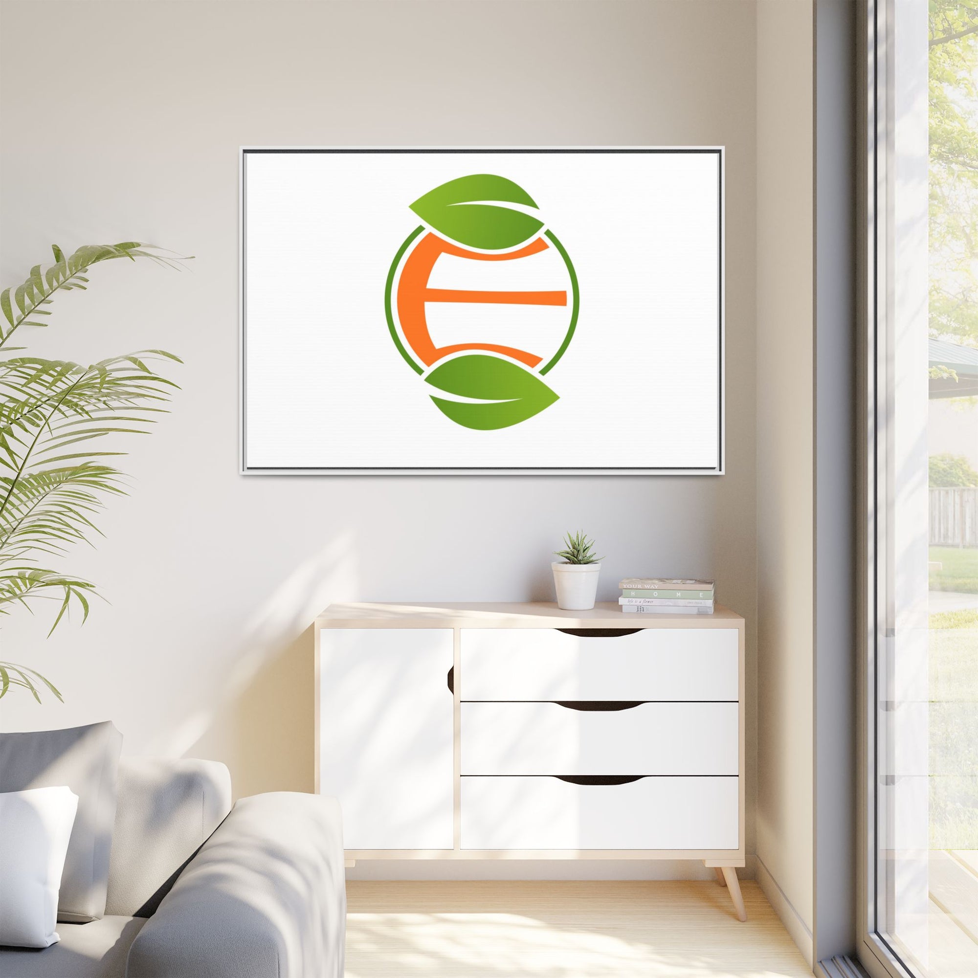 Framed Matte Canvas Print — Minimal Green Orange Leaf Logo Wall Art