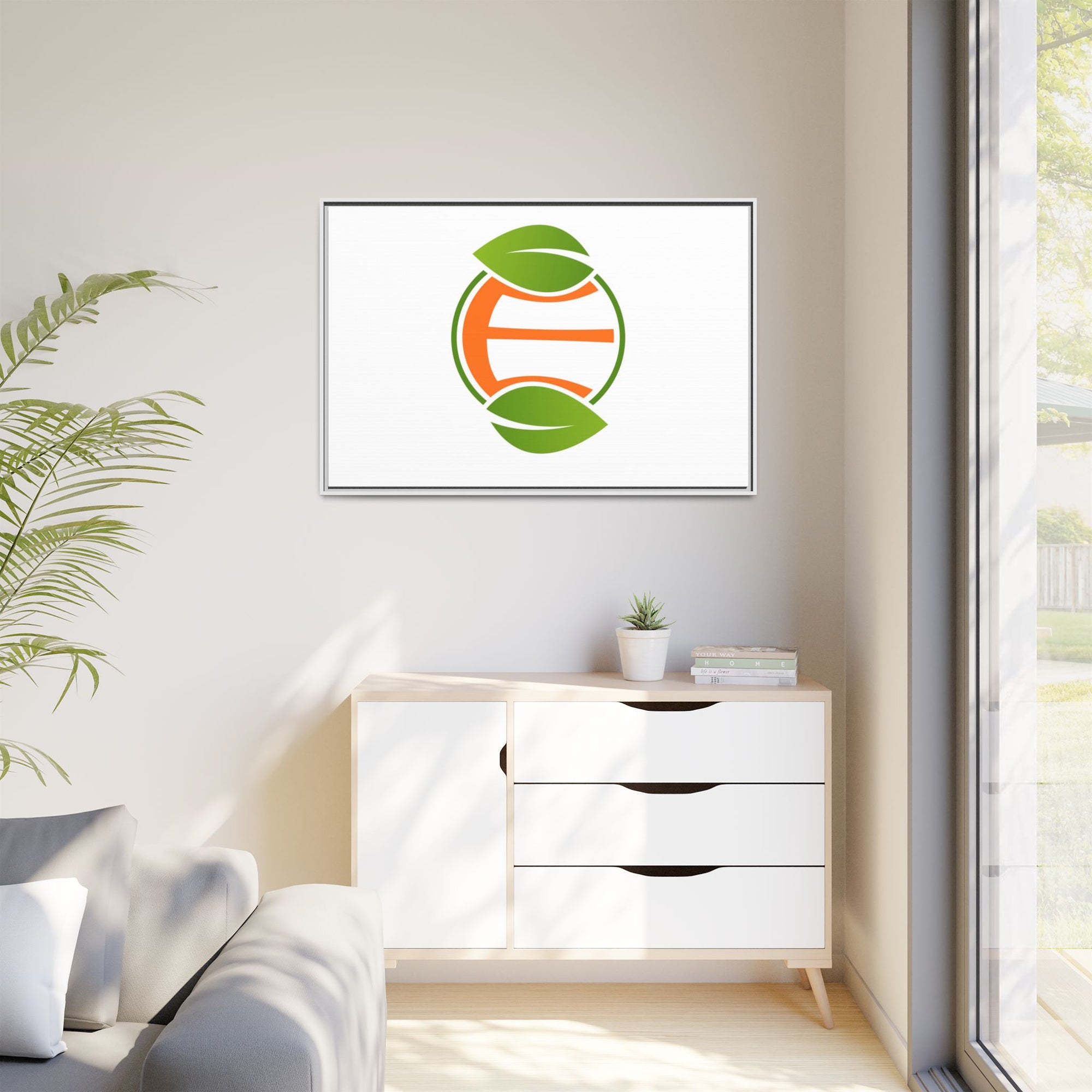 Framed Matte Canvas Print — Minimal Green Orange Leaf Logo Wall Art