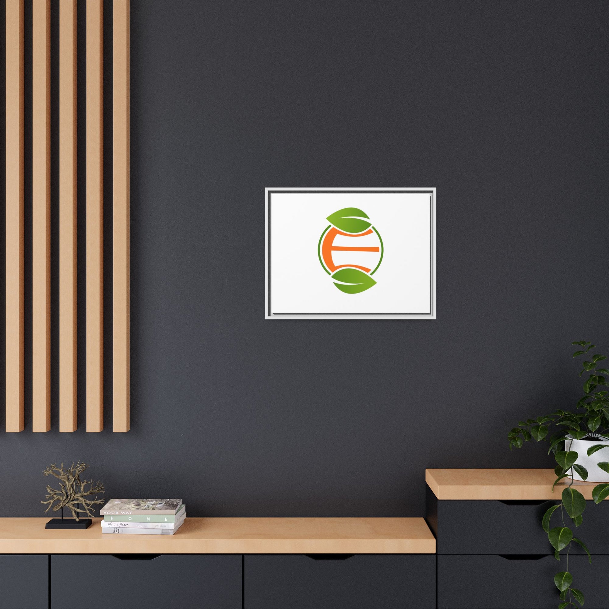 Framed Matte Canvas Print — Minimal Green Orange Leaf Logo Wall Art