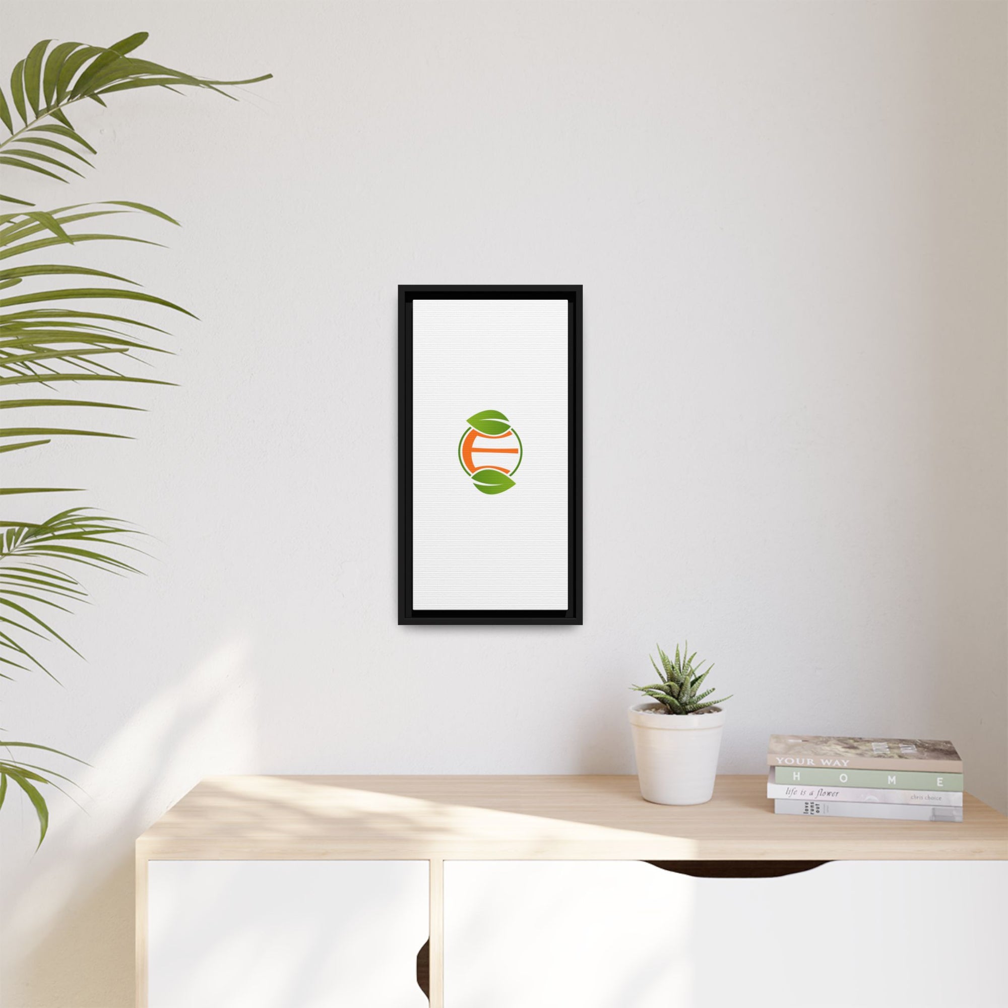 Framed Matte Canvas Print — Minimal Green Orange Leaf Logo Wall Art