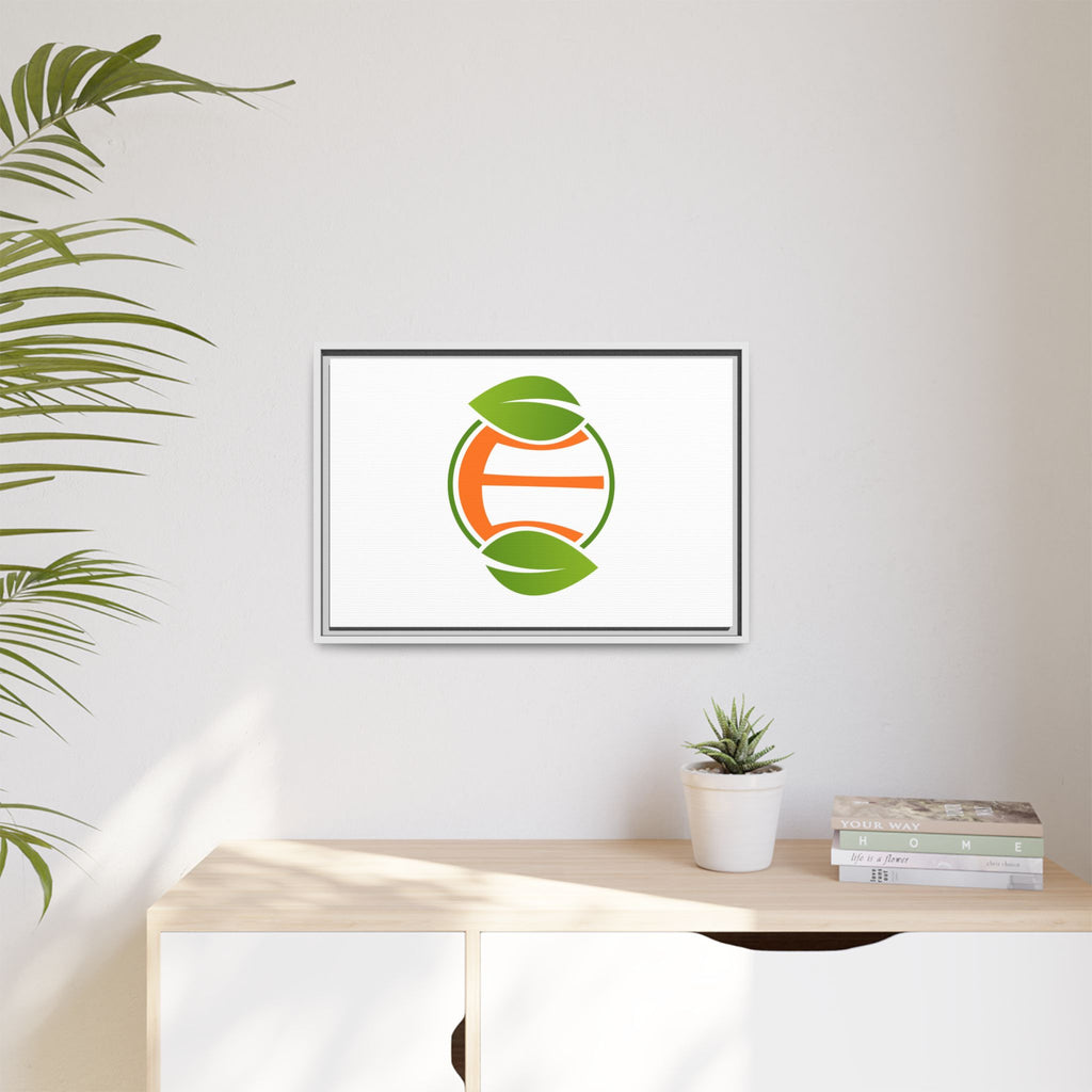 Framed Matte Canvas Print — Minimal Green Orange Leaf Logo Wall Art