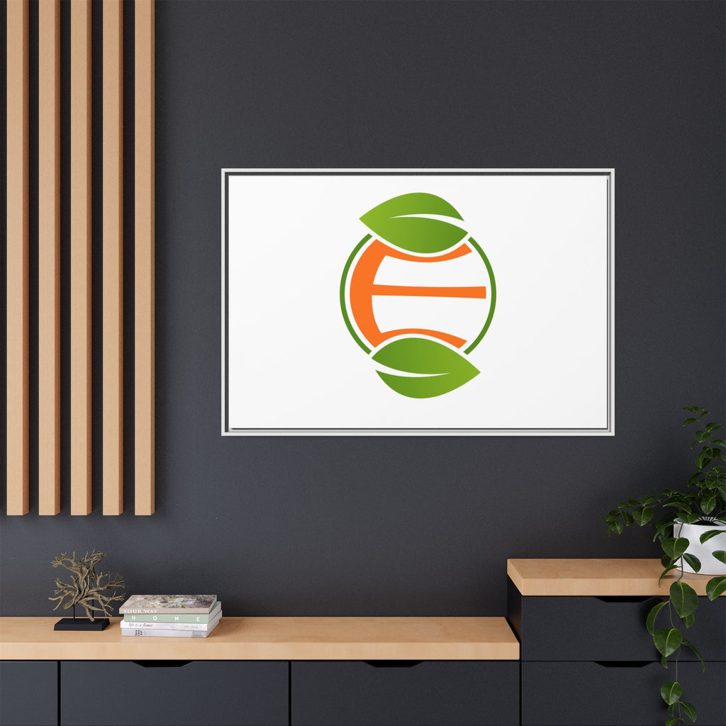 Framed Matte Canvas Print — Minimal Green Orange Leaf Logo Wall Art