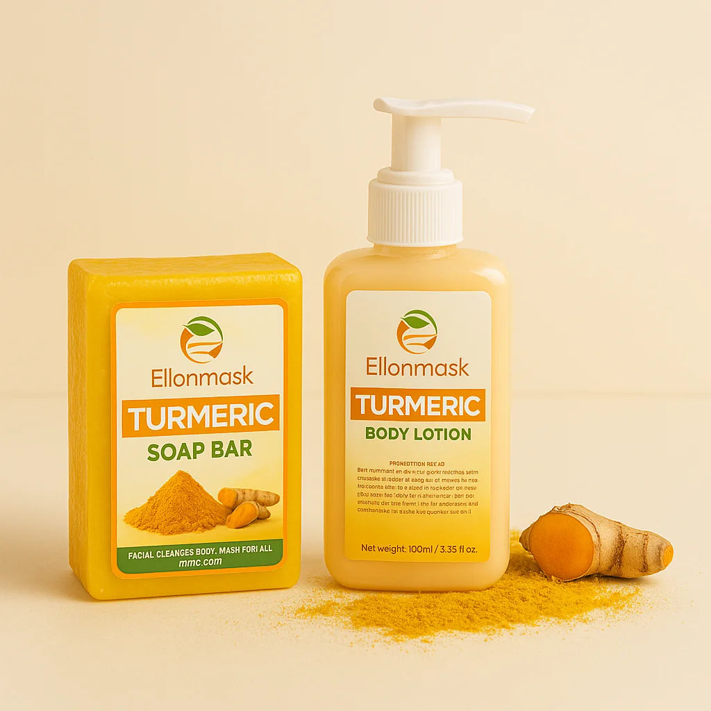 A photograph of a yellow bar of soap labeled 'Ellonmask Turmeric Soap Bar' next to a pump bottle of body lotion with similar labeling. A piece of fresh turmeric root is also visible in the image.