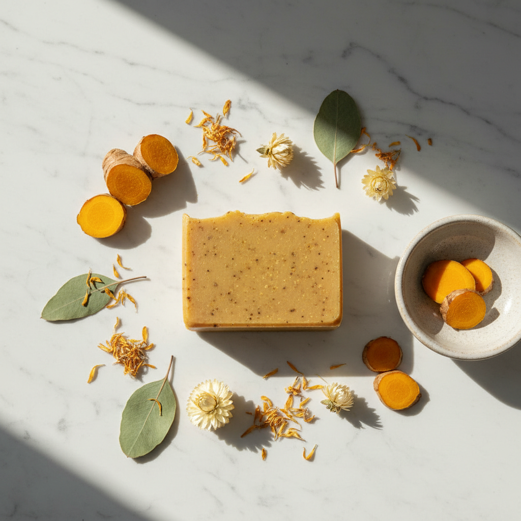 Turmeric Glow Soap Bar on white marble with turmeric root and botanicals
